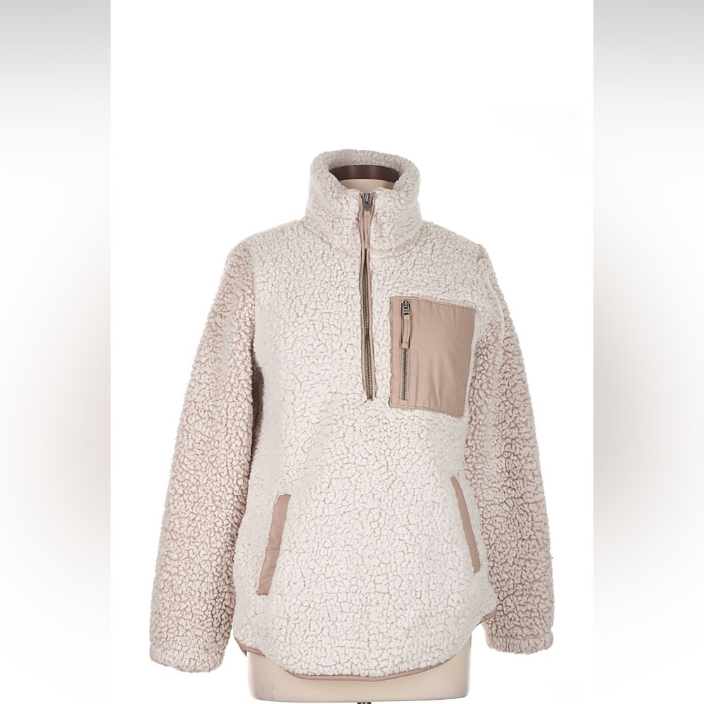 Abercrombie soft A&F faux fur sherpa fleece beige leather accent M